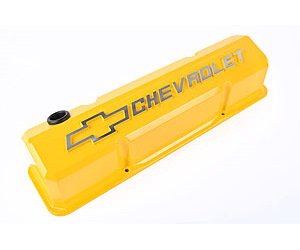 Die-Cast Slant-Edge Valve Covers for 1958-1986 Small Block Chevy with Chevrolet/Bowtie Raised Emblem in Yellow Finish