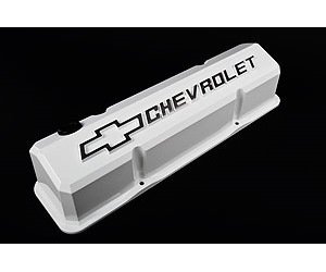 Die-Cast Slant-Edge Valve Covers for 1958-1986 Small Block Chevy with Chevrolet/Bowtie Raised Emblem in White Finish