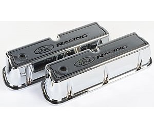 Die-Cast Aluminum Tall Valve Covers for Small Block Ford 289-302-351W in Chrome Finish with Ford Racing Emblem