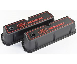 Die-Cast Aluminum Tall Valve Covers for Small Block Ford 289-302-351W in Black Crinkle Finish with Red Ford Racing Emblem