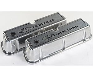 Die-Cast Aluminum Tall Valve Covers for Small Block Ford 289-302-351W in Polished Finish with Ford Mustang Emblem