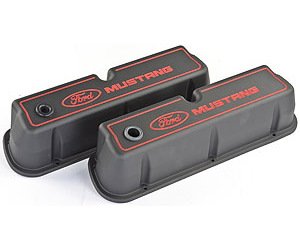 Die-Cast Aluminum Tall Valve Covers for Small Block Ford 289-302-351W in Black Crinkle Finish with Ford Mustang Emblem
