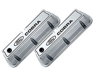 Die-Cast Aluminum Tall Valve Covers for Small Block Ford 289-302-351W in Polished Finish with Ford Cobra Emblem