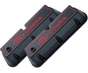 Die-Cast Aluminum Tall Valve Covers for Small Block Ford 289-302-351W in Black Crinkle Finish with Ford Cobra Emblem