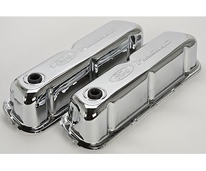 Stamped Steel Tall Valve Covers for Small Block Ford 289-302-351W in Chrome with Embossed Ford Racing Emblem