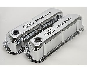 Stamped Steel Tall Valve Covers for Small Block Ford 289-302-351W in Chrome Finish with Black Ford Racing Emblem