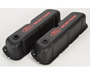 Stamped Steel Tall Valve Covers for Small Block Ford 289-302-351W in Black Crinkle Finish with Red Ford Mustang Emblem