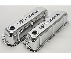 Stamped Steel Tall Valve Covers for Small Block Ford 289-302-351W in Chrome Finish with Black Ford Cobra Emblem