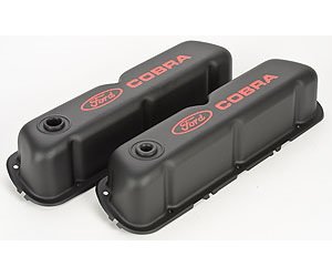 Stamped Steel Tall Valve Covers for Small Block Ford 289-302-351W in Black Crinkle Finish with Red Ford Cobra Emblem