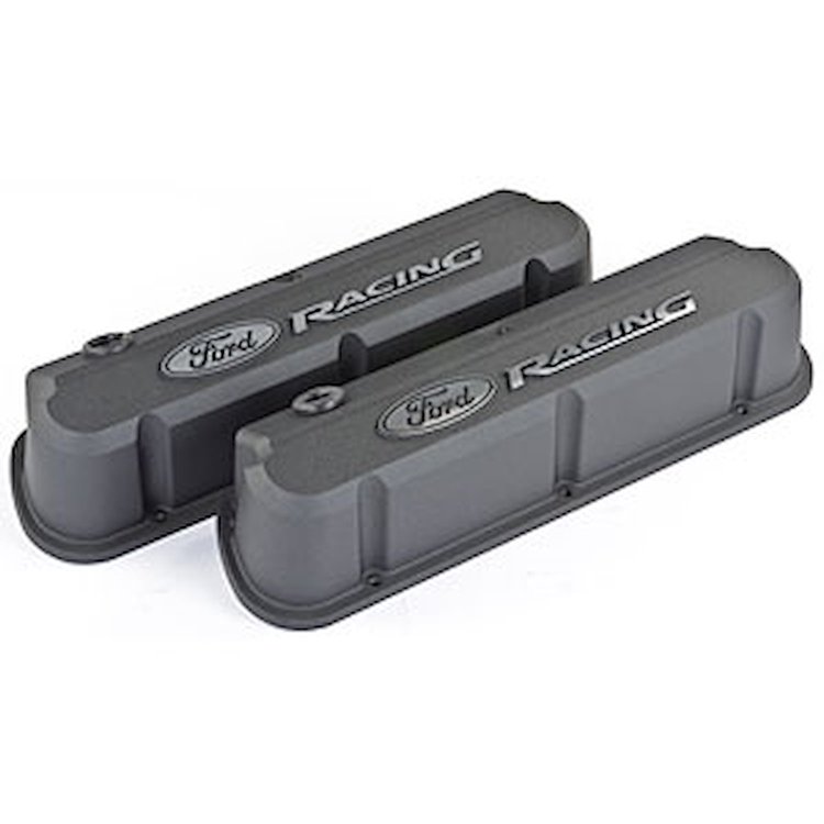 Slant-Edge Tall Aluminum Valve Covers for Small Block Ford 289-302-351W in Black Crinkle Finish with Raised Ford Racing Emblem