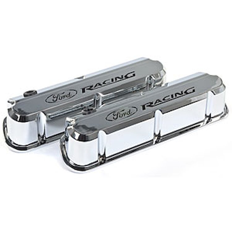 Slant-Edge Tall Aluminum Valve Covers for Small Block Ford 289-302-351W in Chrome Plated Finish with Recessed Ford Racing Emblem