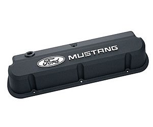 Slant-Edge Tall Aluminum Valve Covers for Small Block Ford 289-302-351W in Black Crinkle Finish with Raised Ford Mustang Emblem