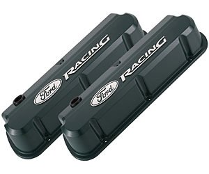Slant-Edge Tall Aluminum Valve Covers for Small Block Ford 289-302-351W in Green Finish with Raised Ford Racing Emblem