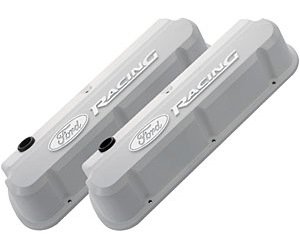 Slant-Edge Tall Aluminum Valve Covers for Small Block Ford 289-302-351W in White Finish with Raised Ford Racing Emblem