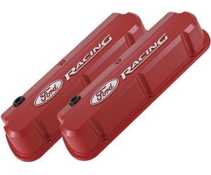 Slant-Edge Tall Aluminum Valve Covers for Small Block Ford 289-302-351W in Red Finish with Raised Ford Racing Emblem