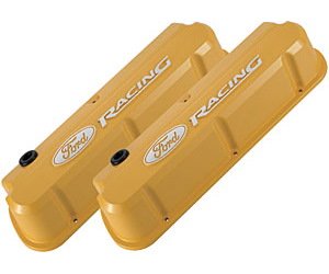 Slant-Edge Tall Aluminum Valve Covers for Small Block Ford 289-302-351W in Yellow Finish with Raised Ford Racing Emblem