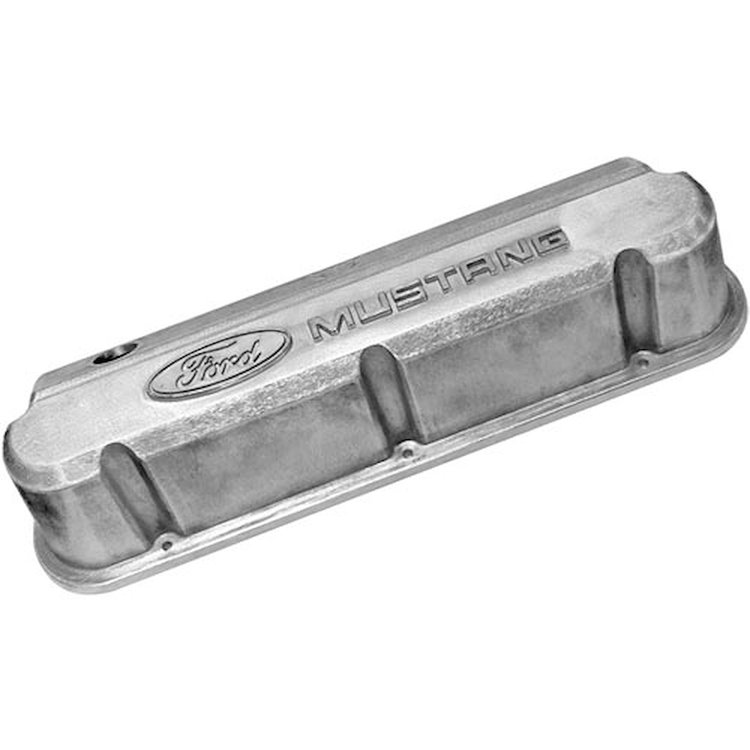 Slant-Edge Tall Aluminum Valve Covers for Small Block Ford 289-302-351W in Raw Unpolished Finish with Raised Ford Mustang Emblem