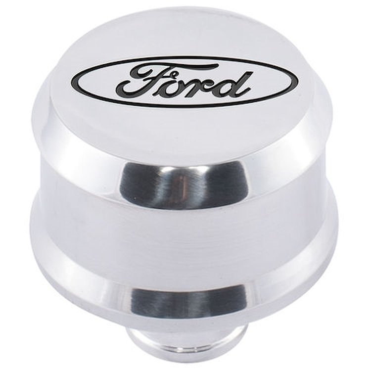 Push-In Aluminum Valve Cover Air Breather Cap with Recessed Black Oval Ford Emblem in Polished Finish