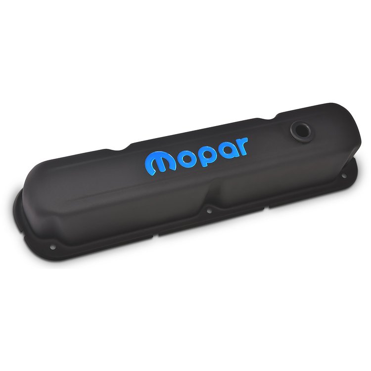 Slant-Edge Tall Stamped Steel Valve Covers for Small Block Chrysler [Black, Recessed Blue Mopar Emblem]