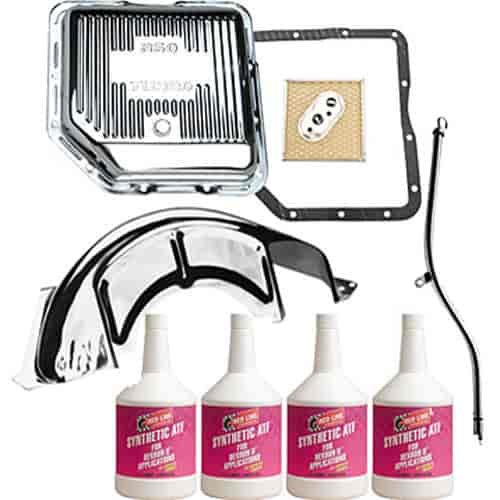 Chrome Transmission Pan Kit for GM Turbo 350 Includes: Pan, Dipstick, Flywheel Cover, Filter, Gasket, and 4 Quarts of Fluid