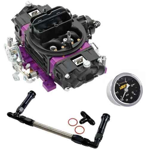 Street Series Mechanical Secondary Carburetor Kit 850 cfm in Black Diamond Finish with -6AN Dual Feed Fuel Line and Gauge