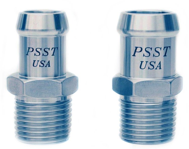 Heater Hose Fitting Set Includes: (1) 1/2 in. NPT x 5/8 in. Hose, (1) 1/2 in. NPT x 3/4 in. Hose, 1 3/4 in. Length [Polished]