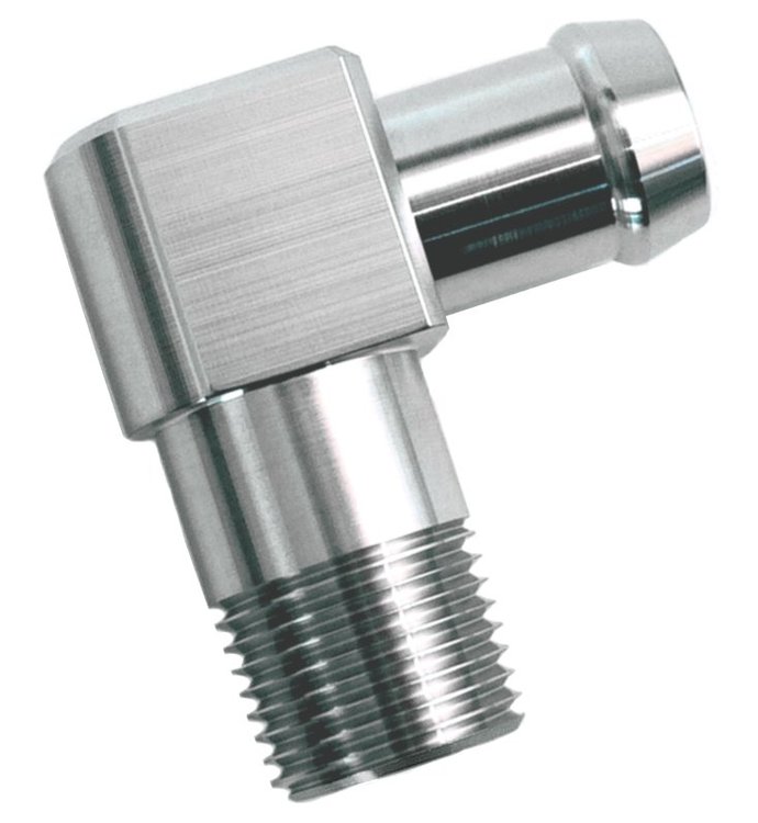 Heater Hose Fitting, 90-Degree, 1/2 in. NPT x 5/8 in. Hose Barb, 2 1/8 in. Length [Polished Finish]