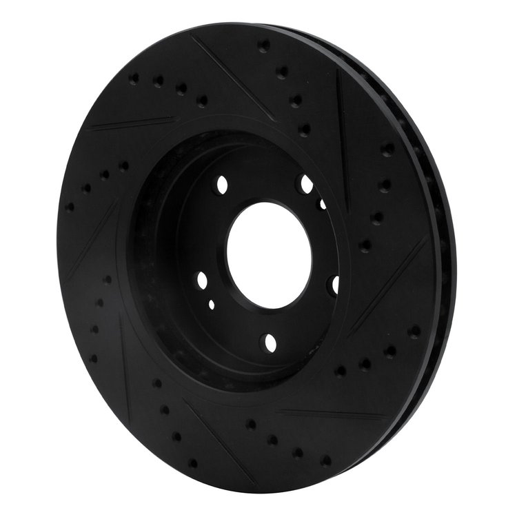 E-Line Drilled & Slotted Black Brake Rotor, 2001-2006 Kia/Hyundai/Genesis, Position: Front Left