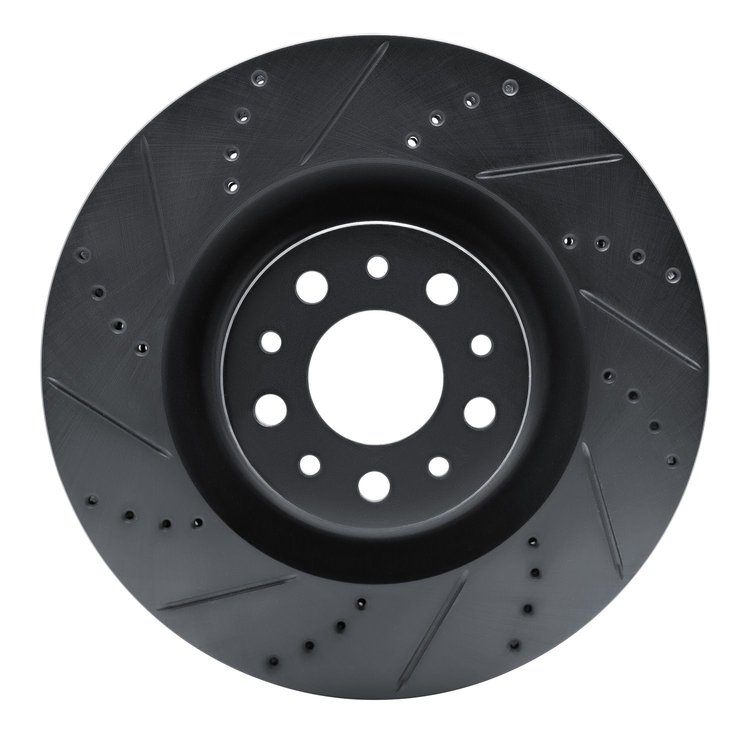 E-Line Drilled & Slotted Black Brake Rotor, 2014-2019 Mopar, Position: Front Left