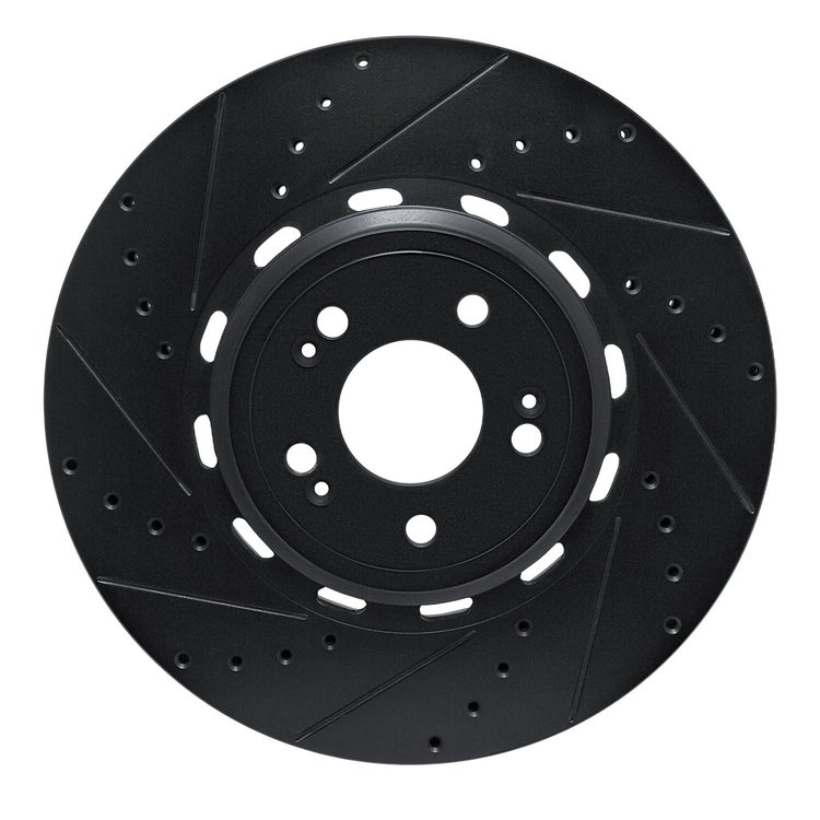 E-Line Drilled & Slotted Black Brake Rotor, Fits Select Kia/Hyundai/Genesis, Position: Front Left
