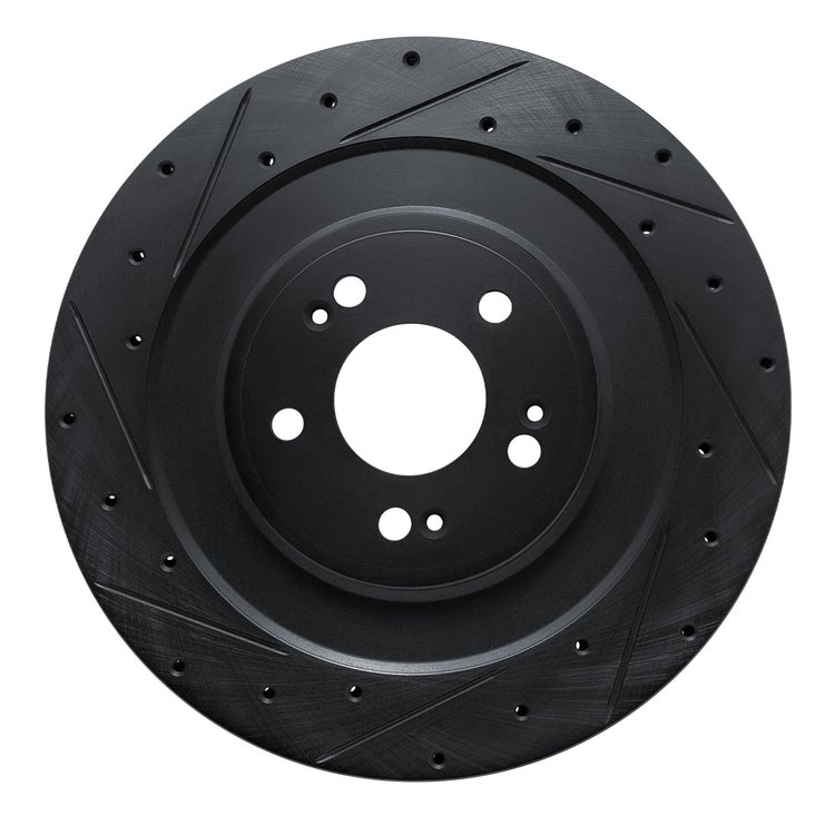 E-Line Drilled & Slotted Black Brake Rotor, Fits Select Kia/Hyundai/Genesis, Position: Rear Left