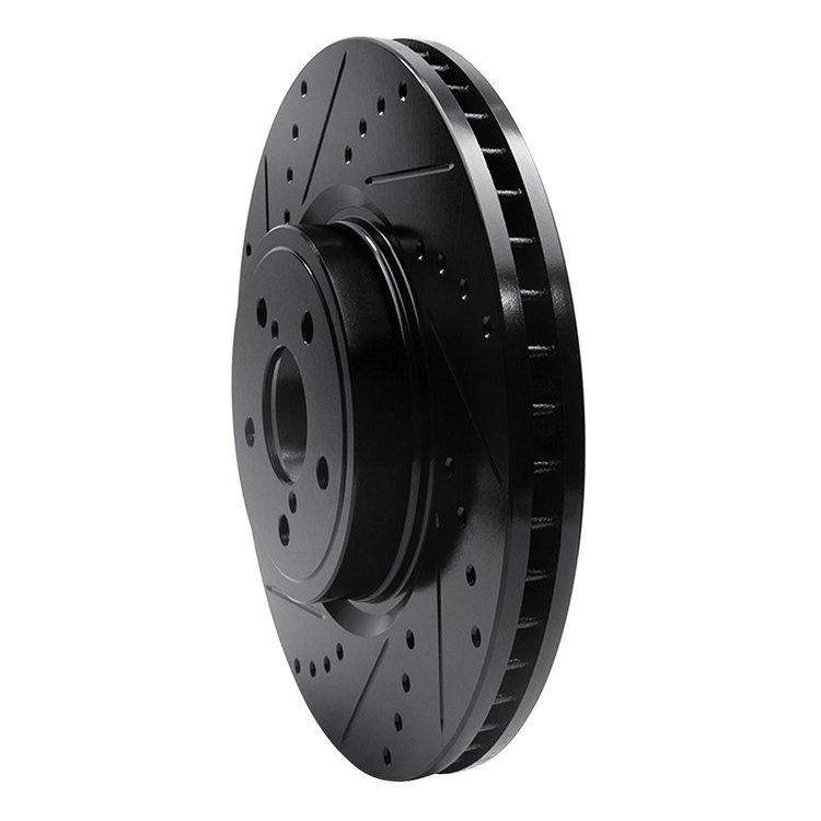 E-Line Drilled & Slotted Black Brake Rotor, 2005-2018 Subaru, Position: Front Left