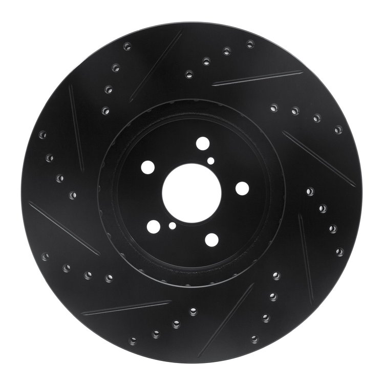 E-Line Drilled & Slotted Black Brake Rotor, 2005-2018 Subaru, Position: Front Right