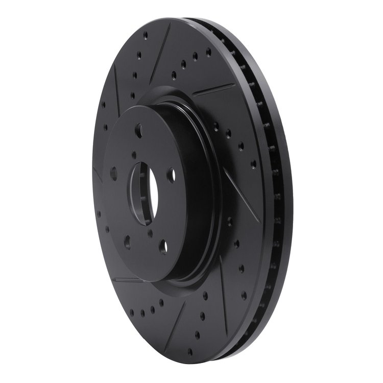 E-Line Drilled & Slotted Black Brake Rotor, 2006-2021 Subaru, Position: Front Left