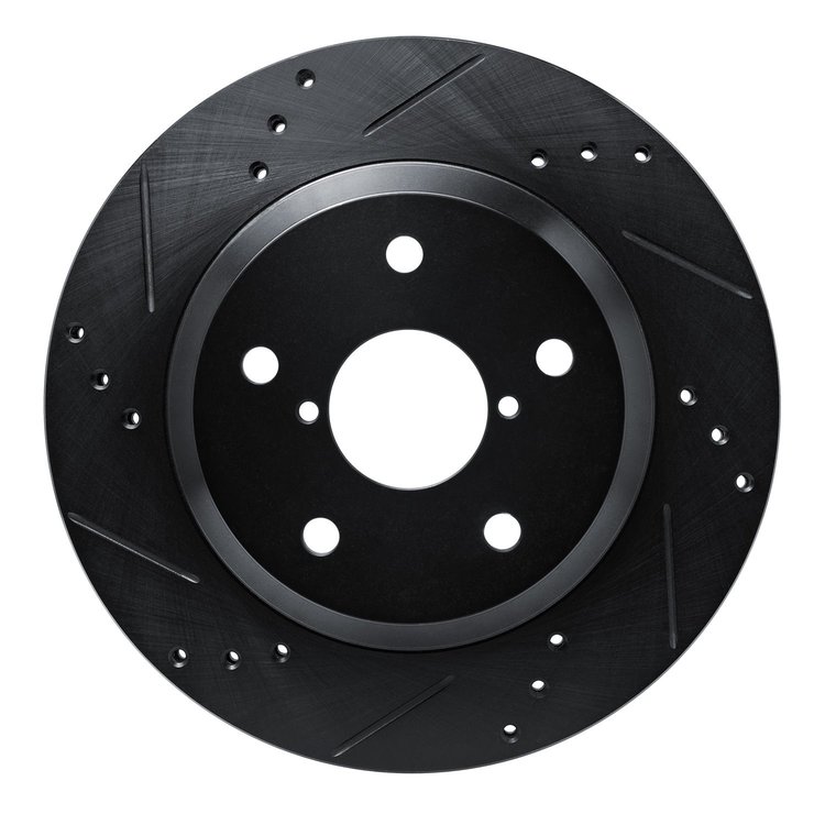 E-Line Drilled & Slotted Black Brake Rotor, Fits Select Subaru, Position: Rear Left