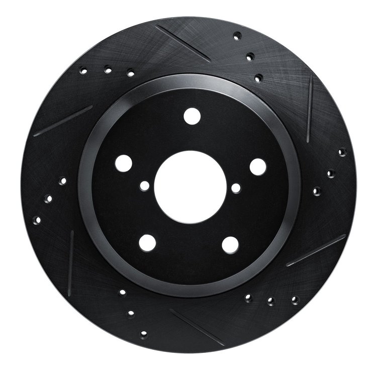 E-Line Drilled & Slotted Black Brake Rotor, Fits Select Subaru, Position: Rear Right