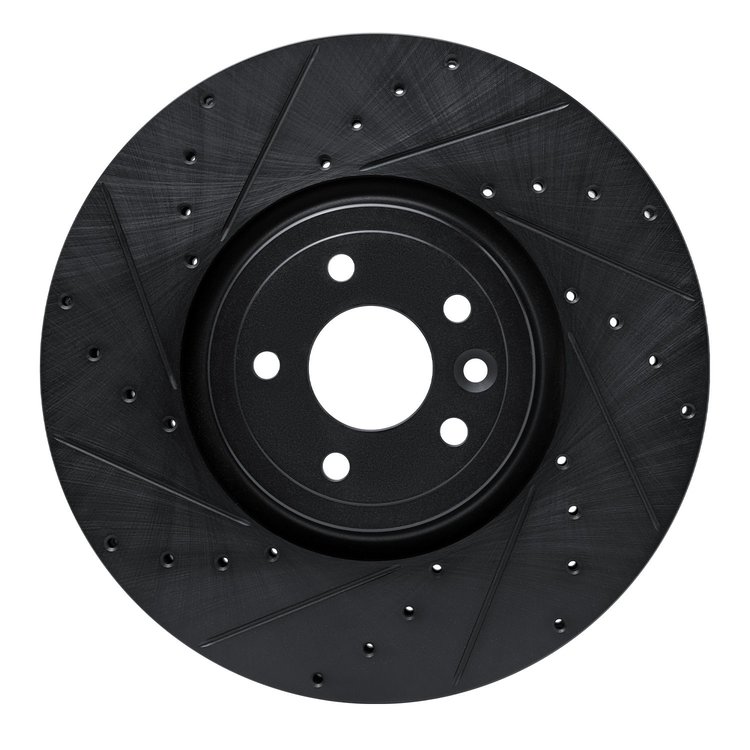 E-Line Drilled & Slotted Black Brake Rotor, Fits Select Jaguar, Position: Front Left