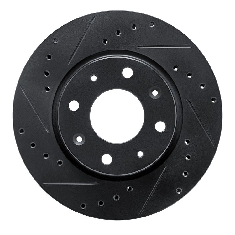 E-Line Drilled & Slotted Black Brake Rotor, 2004-2009 Kia/Hyundai/Genesis, Position: Front Left