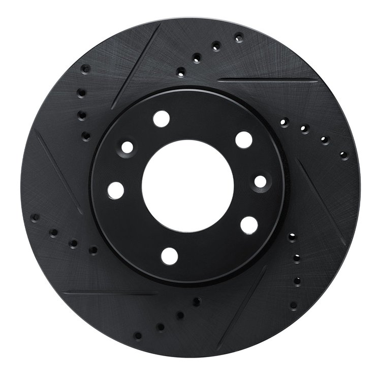 E-Line Drilled & Slotted Black Brake Rotor, 2003-2005 Kia/Hyundai/Genesis, Position: Front Left