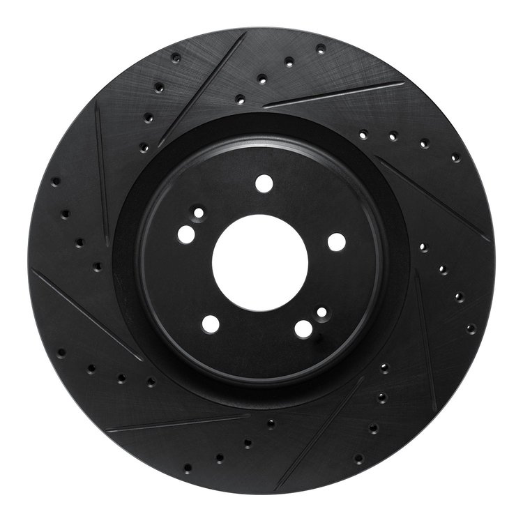 E-Line Drilled & Slotted Black Brake Rotor, Fits Select Kia/Hyundai/Genesis, Position: Front Left