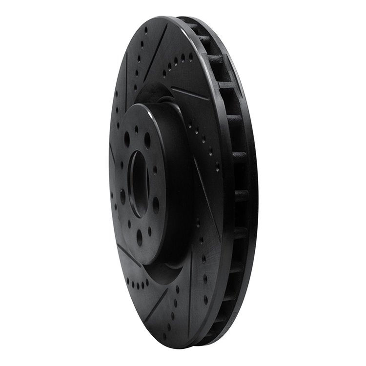 E-Line Drilled & Slotted Black Brake Rotor, 2004-2007 Volvo, Position: Front Left