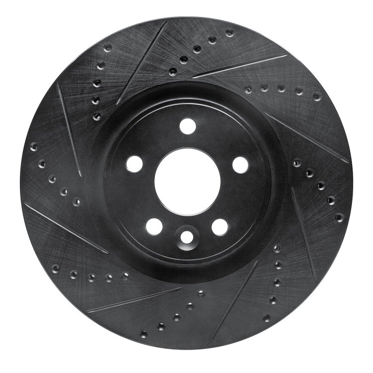 E-Line Drilled & Slotted Black Brake Rotor, 2007-2016 Volvo, Position: Front Left