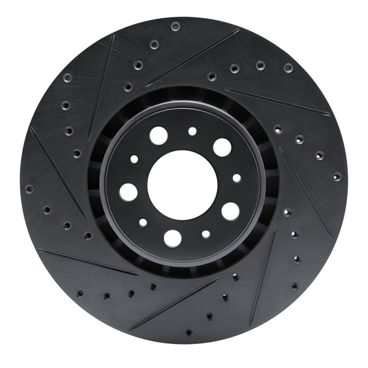 E-Line Drilled & Slotted Black Brake Rotor, 2003-2009 Volvo, Position: Front Left