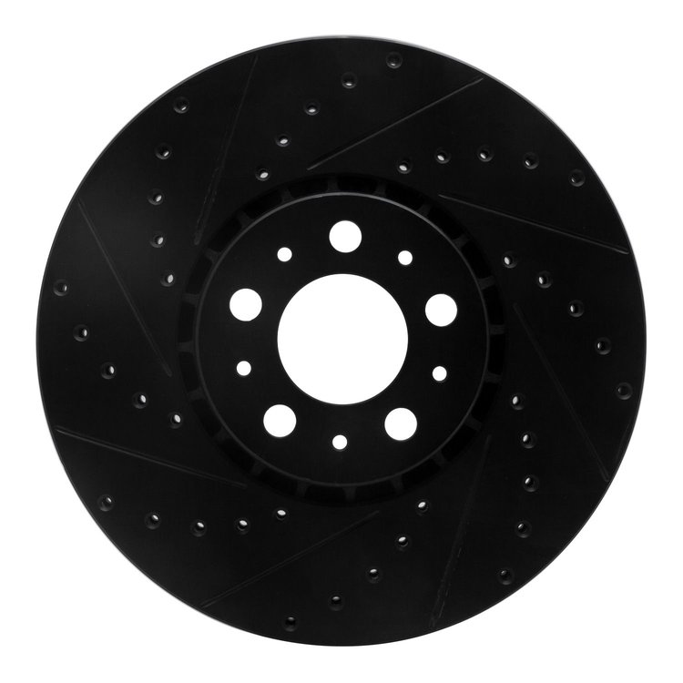 E-Line Drilled & Slotted Black Brake Rotor, 2003-2014 Volvo, Position: Front Left