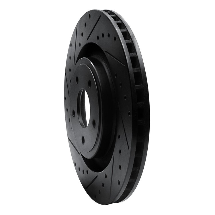 E-Line Drilled & Slotted Black Brake Rotor, 2008-2014 Mopar, Position: Front Left