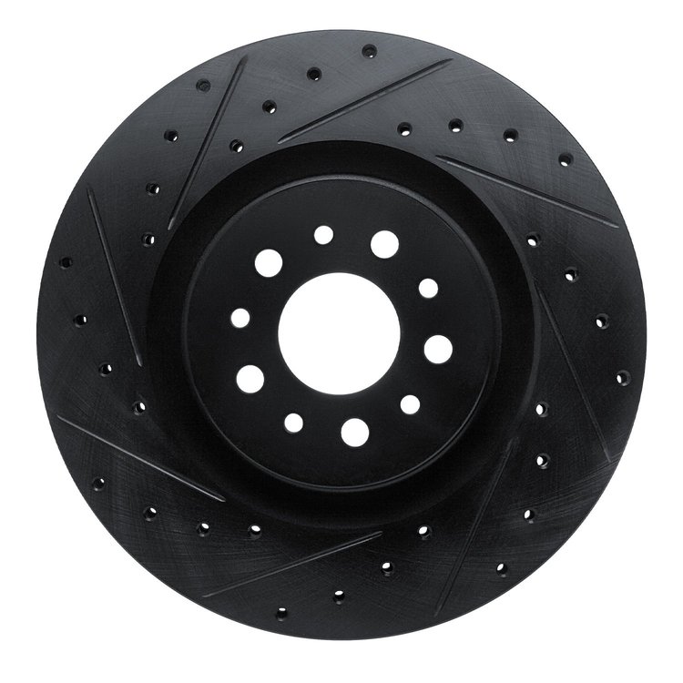 E-Line Drilled & Slotted Black Brake Rotor, 2015-2021 Mopar, Position: Front Left