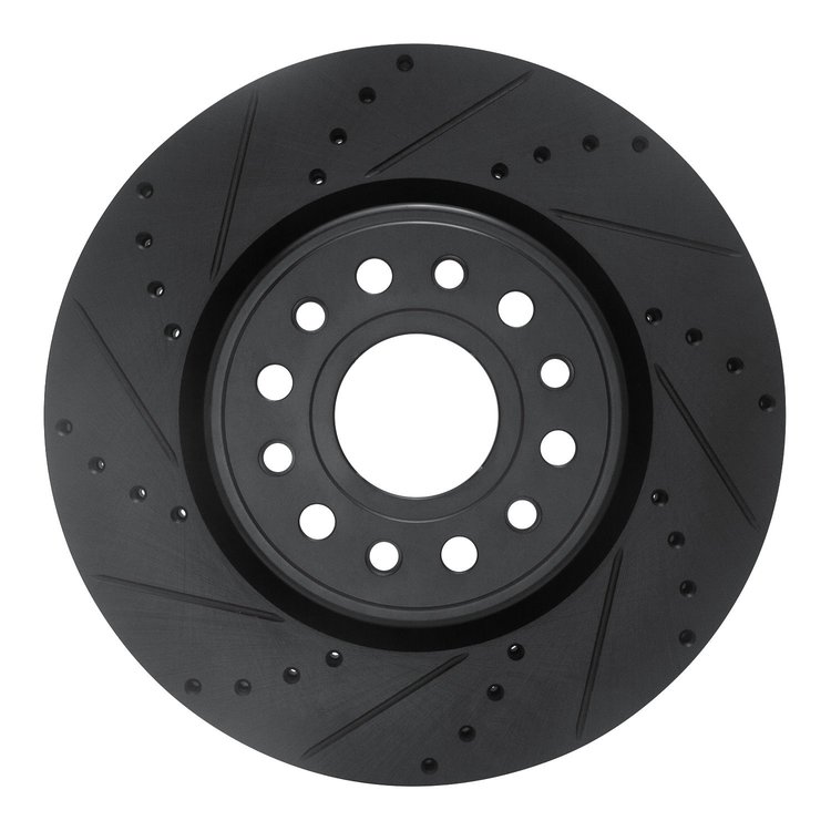 E-Line Drilled & Slotted Black Brake Rotor, Fits Select Mopar, Position: Front Left