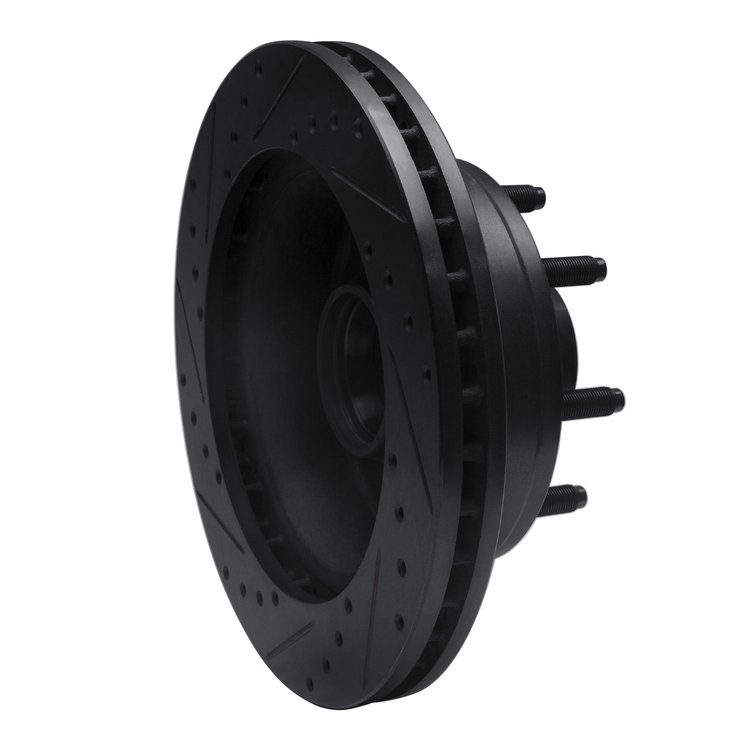 E-Line Drilled & Slotted Black Brake Rotor, 1980-1985 Ford/Lincoln/Mercury/Mazda, Position: Front Right