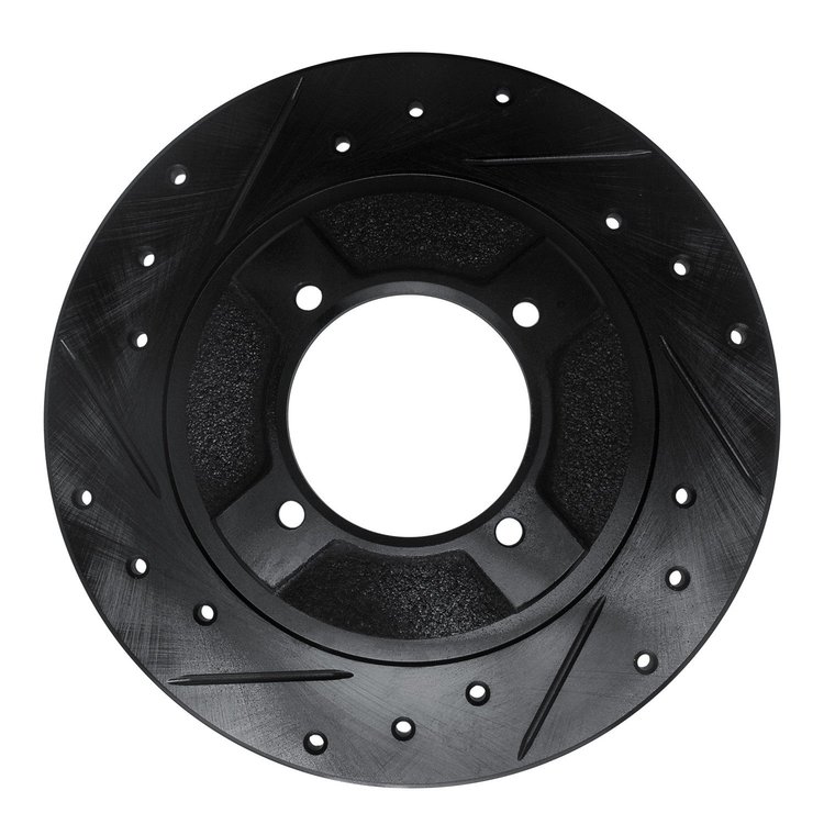 E-Line Drilled & Slotted Black Brake Rotor, 1982-1986 Infiniti/Nissan, Position: Front Left