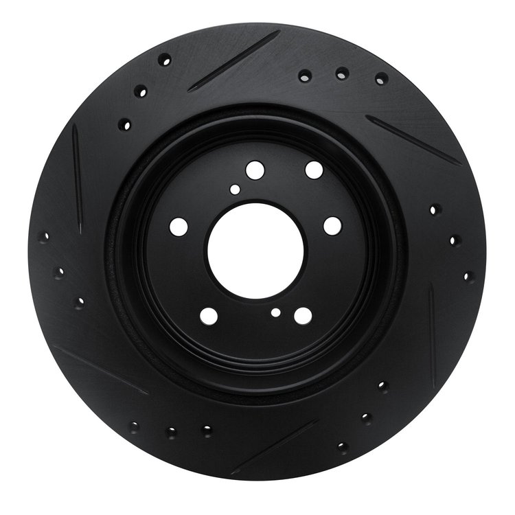 E-Line Drilled & Slotted Black Brake Rotor, 1989-1996 Infiniti/Nissan, Position: Rear Right